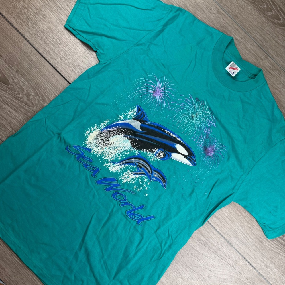 Jerzees Mens T-Shirt Sea World Shamu Orca Graphic Teal Large